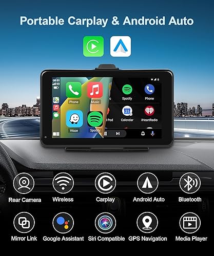 Miniatura 2 de Pantalla portátil inalámbrica para coche con Apple Car Play HD cámara trasera para autos, camiones, camionetas, caravanas, podofo de 7 pulgadas,