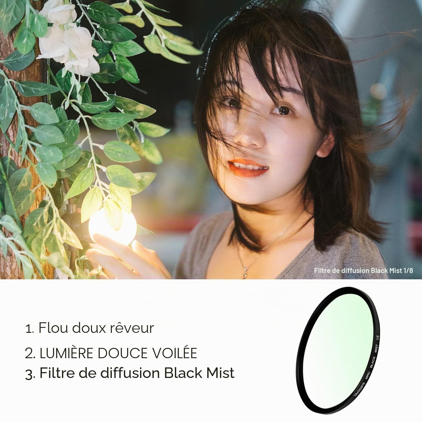 7artisans Filtre à brume noir 1/8 en alliage d'aluminium naturel doux effet diffuseur de rêve effet cinématographique Soft Focus Filtre en verre optique (82 mm)