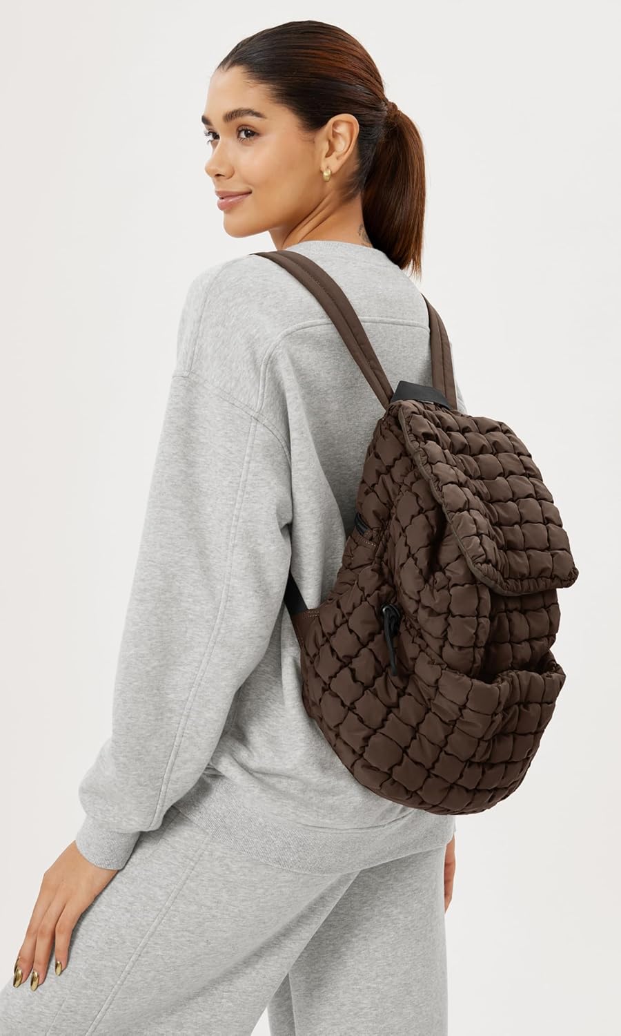 ODODOS Quilted Backpack 2.0 for Women Lightweight Puffer Hiker Pack Drawstring Padding Travel Gym Bag, Dark Brown - Image 2