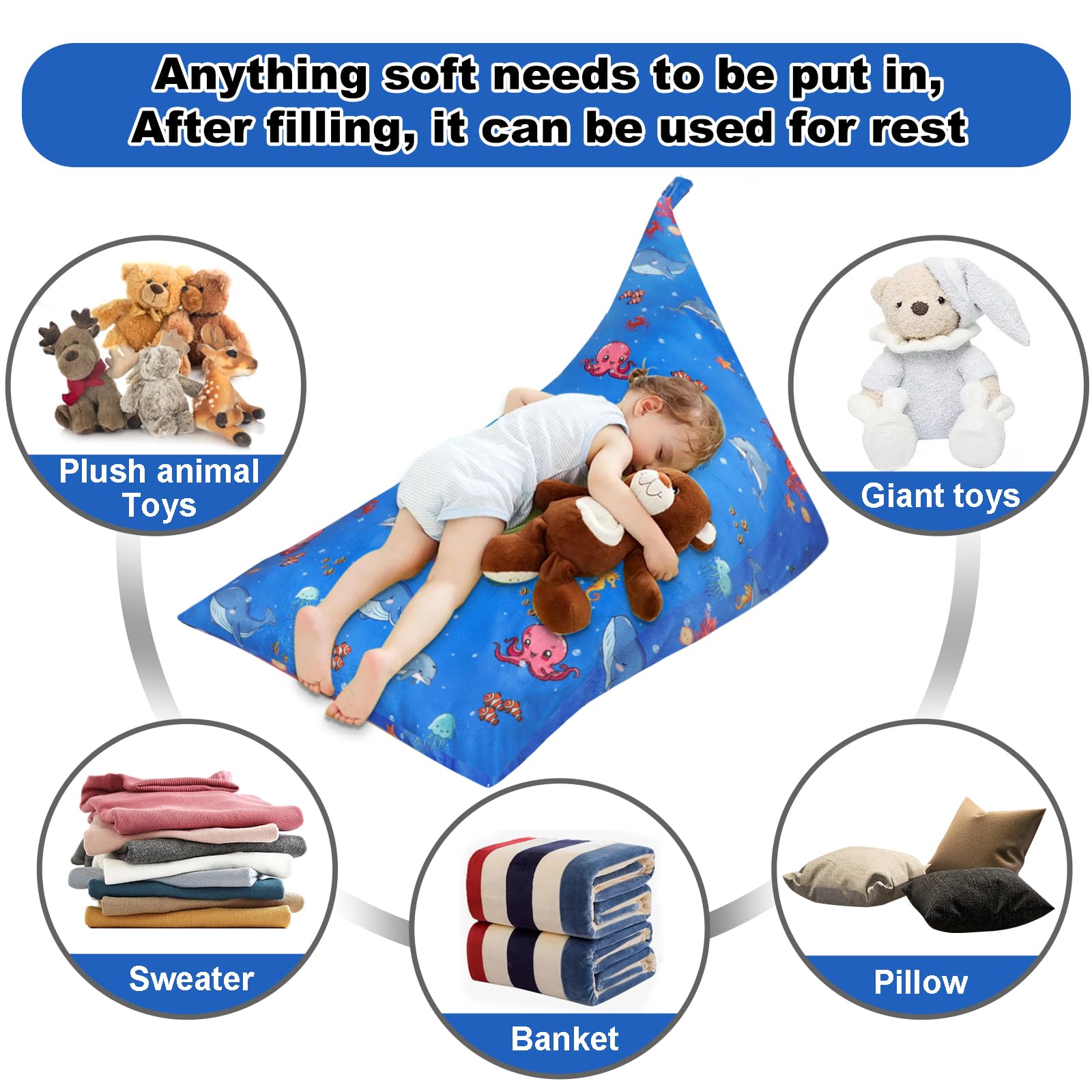 KOLACEN Stuffed Animal Toy Bean Bag Cover Soft Toy Storage Bean Bags Without Filling Foldable Kids Sofa Children's Bean Bags Adult Bean Bag Beanbags for Kids Children Large Capacity 250L Blue - Image 3