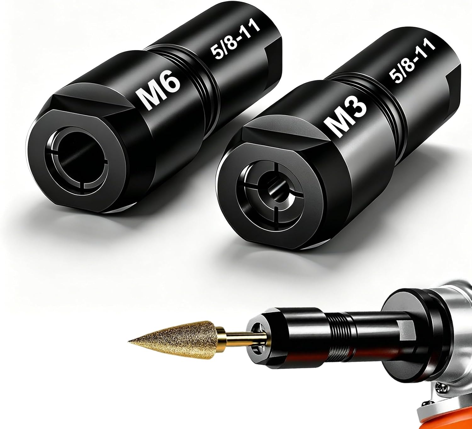 2-Pack Angle Grinder to Die Grinder Adapter, 5/8"-11 Thread to 1/4" (6mm) & 1/8" (3mm) Collet Chucks, Angle Grinder Attachments for Rotary Burrs, Wood Carving & Metal Polishing