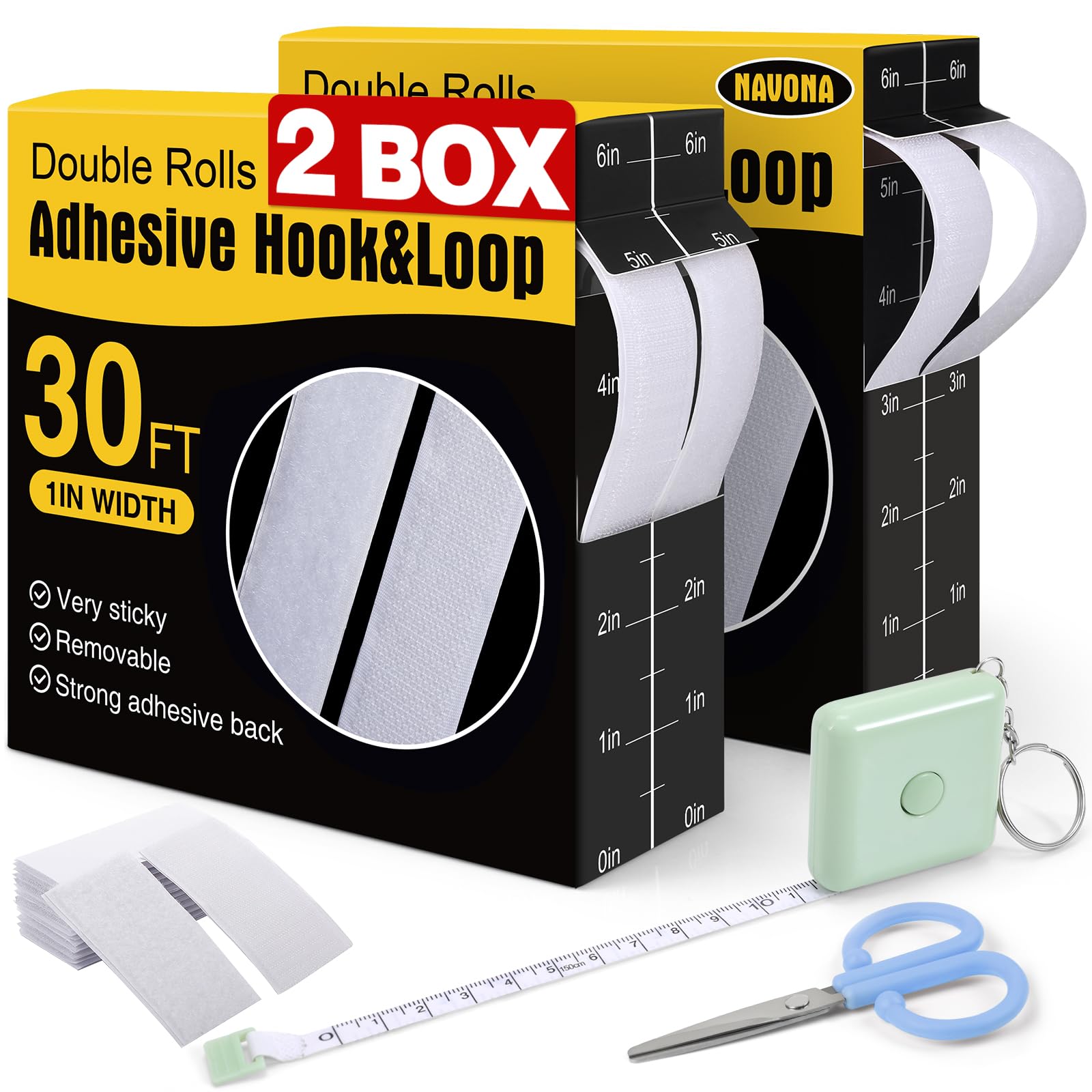 Navona Heavy Duty Hook and Loop Strips with Adhesive, 60Ft Total x 1 Inch Hook and Loop Tape, White - main product image