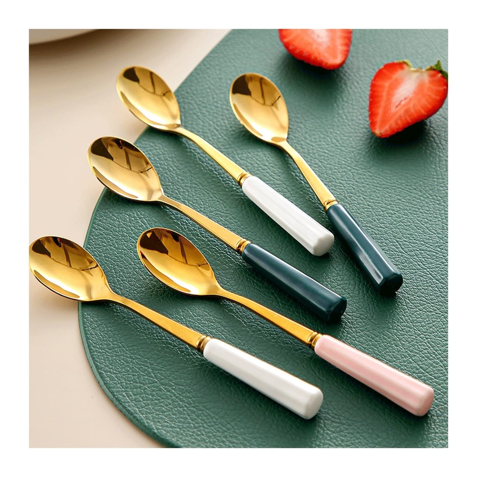 Cuillères De Cuisine Cuillère À Café en Acier Inoxydable Petite Cuillère Cuillère À Mélanger La Crème Glacée Poignée en Céramique Dessert Scoop Set Cuillères À Dîner(E)