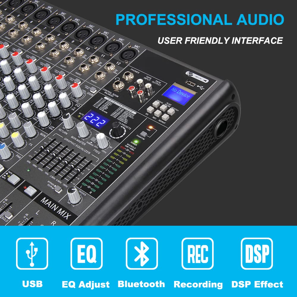 Mezclador de audio for DJ 12 canales con MP3, USB, Bluetooth, alimentación fantasma 48 V, 16 efectos eco DSP, mezclador profesional 7 bandas for conciertos