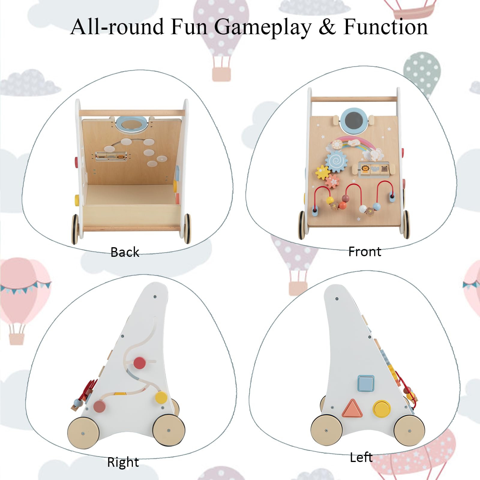 LIFEZEAL Lauflernwagen Holz, Lauflernhilfe mit Stauraum, Bauklötzen & Spielboard, Baby Walker ab 36 Monate, Baby Gehfrei Gehhilfe zum Spaß, für Jungen & Mädchen (Stil 1) (34,5 x 32,5 x 45 cm)