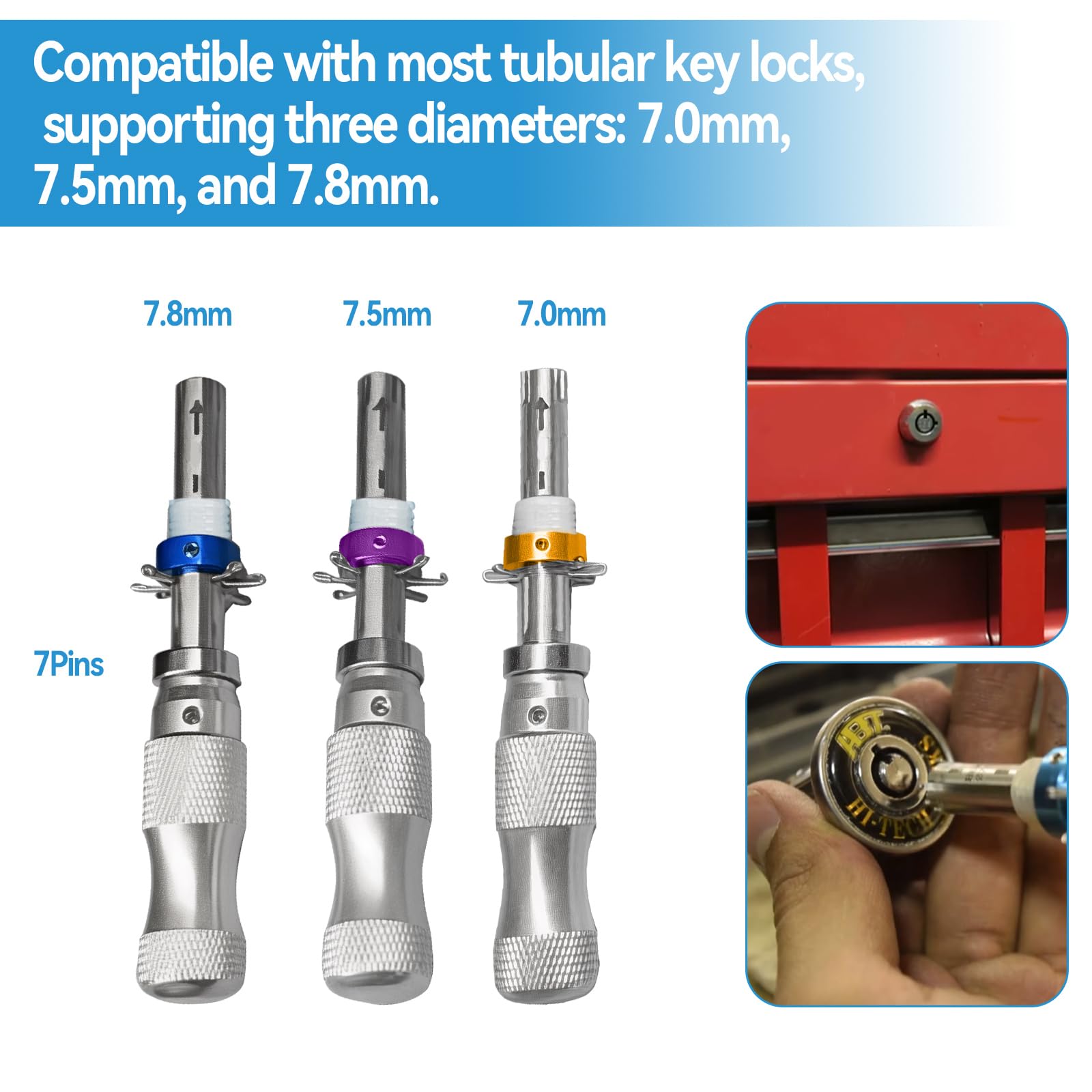Juego de ganzúas de bloqueo tubular de 7 pines, acero inoxidable, ajustable, herramienta de bloqueo tubular de 7 mm, 7,5 mm, 7,8 mm, para caja de herramientas, almacenamiento de caravanas