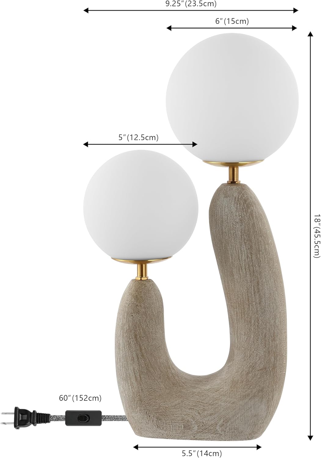 JONATHAN Y 18" Gray Wood Finish 2-Light Mid-Century Scandinavian Resin Cactus LED Table Lamp, Brass Iron Accents, Frosted Glass Globe Shades, LED Bulbs Included JYL4064A