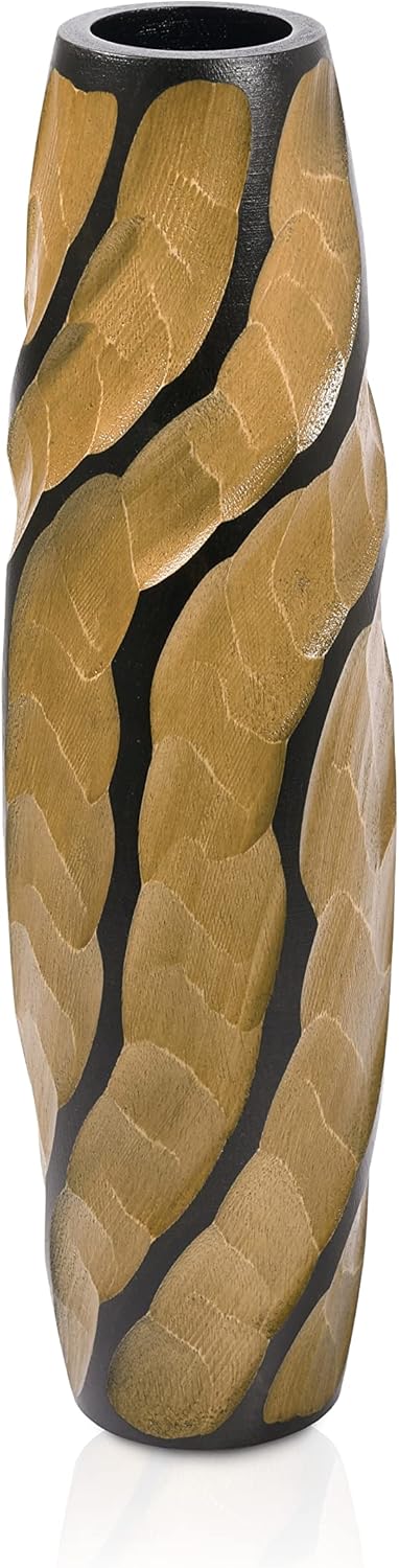 Aeravida Locally Slanting 14-inch Mango Wood Concaving Vase | Modern Flower Vase | Mango Tree Wood Kitchen Decor | Handmade Vase | Carved Shaped Vase | Gift for Special Day