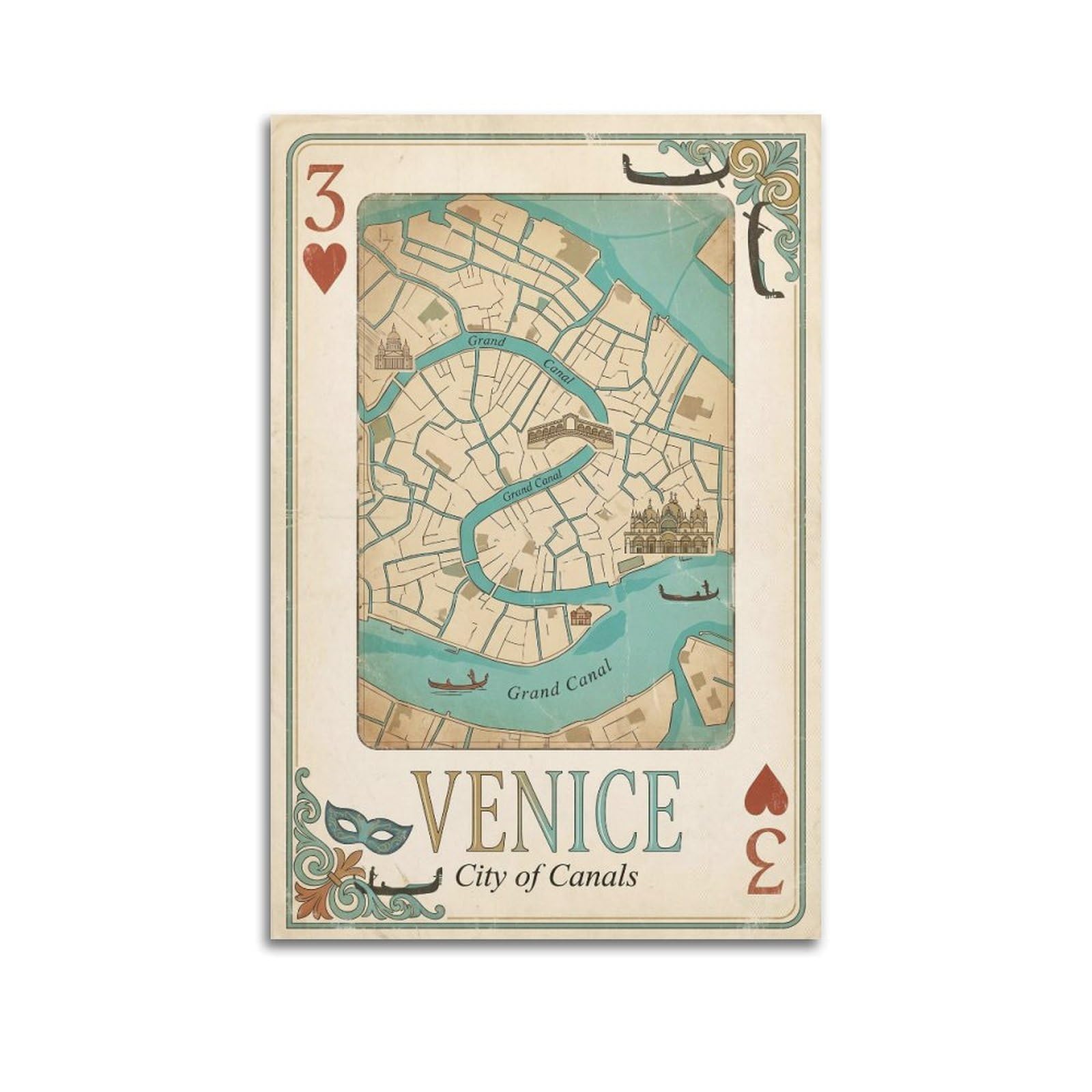 OKNGB Vintage City Map Poster Venice Grand Canal Italy Playing Card Style Decorative Painting Canvas Art Picture 20x30inch(50x75cm)