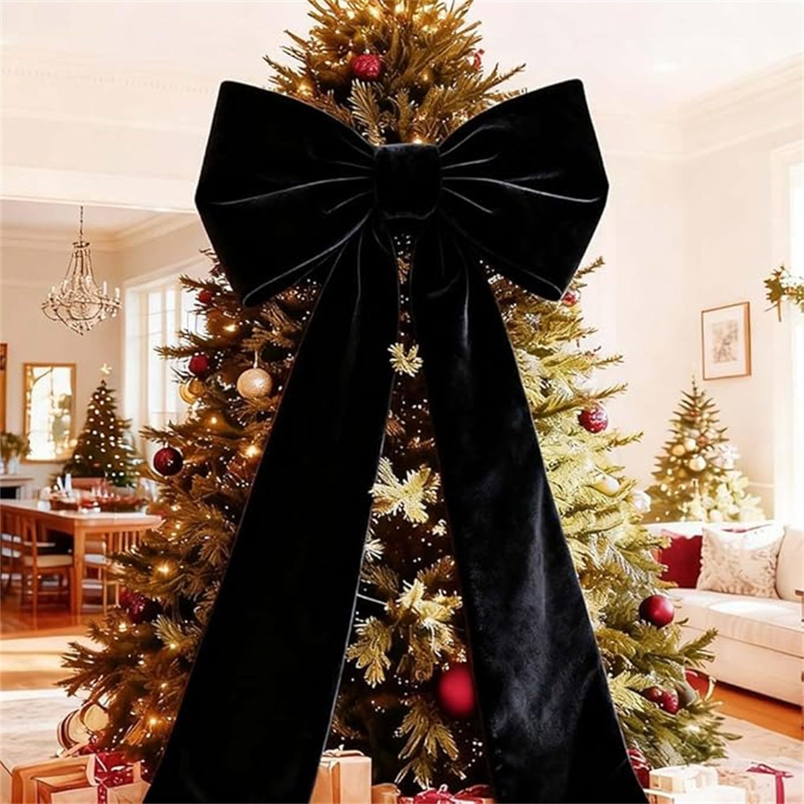Christmas Tree Topper Bow (6 ft),Christmas Tree Bows Large,180CM Large Champagne Red Velvet Bows for C-hristmas Tree,Giant Champagne Velvet Bow christmas Decoration,for Window Wall Door Decor (Black)