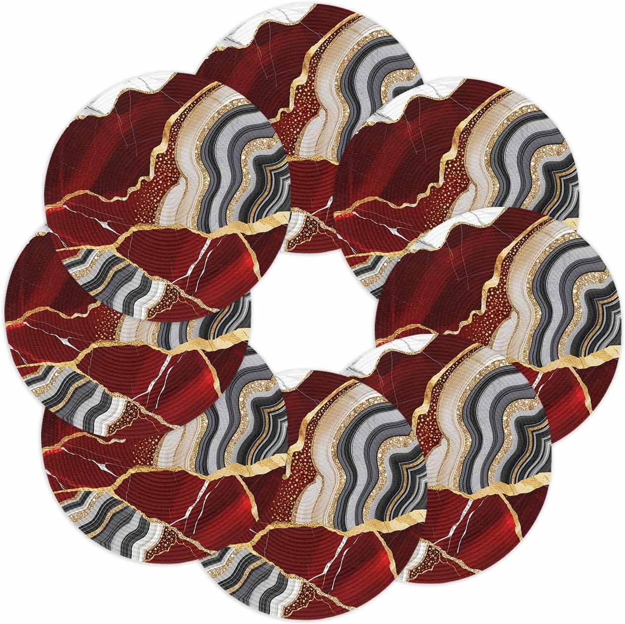 Round Placemats Set of 8 Red Marble Texture Place Mats Washable Woven Placemat Abstract Gold Fluid Circle Braided Table Mat for Kitchen Dining Table Party Home Decor 15 Inch