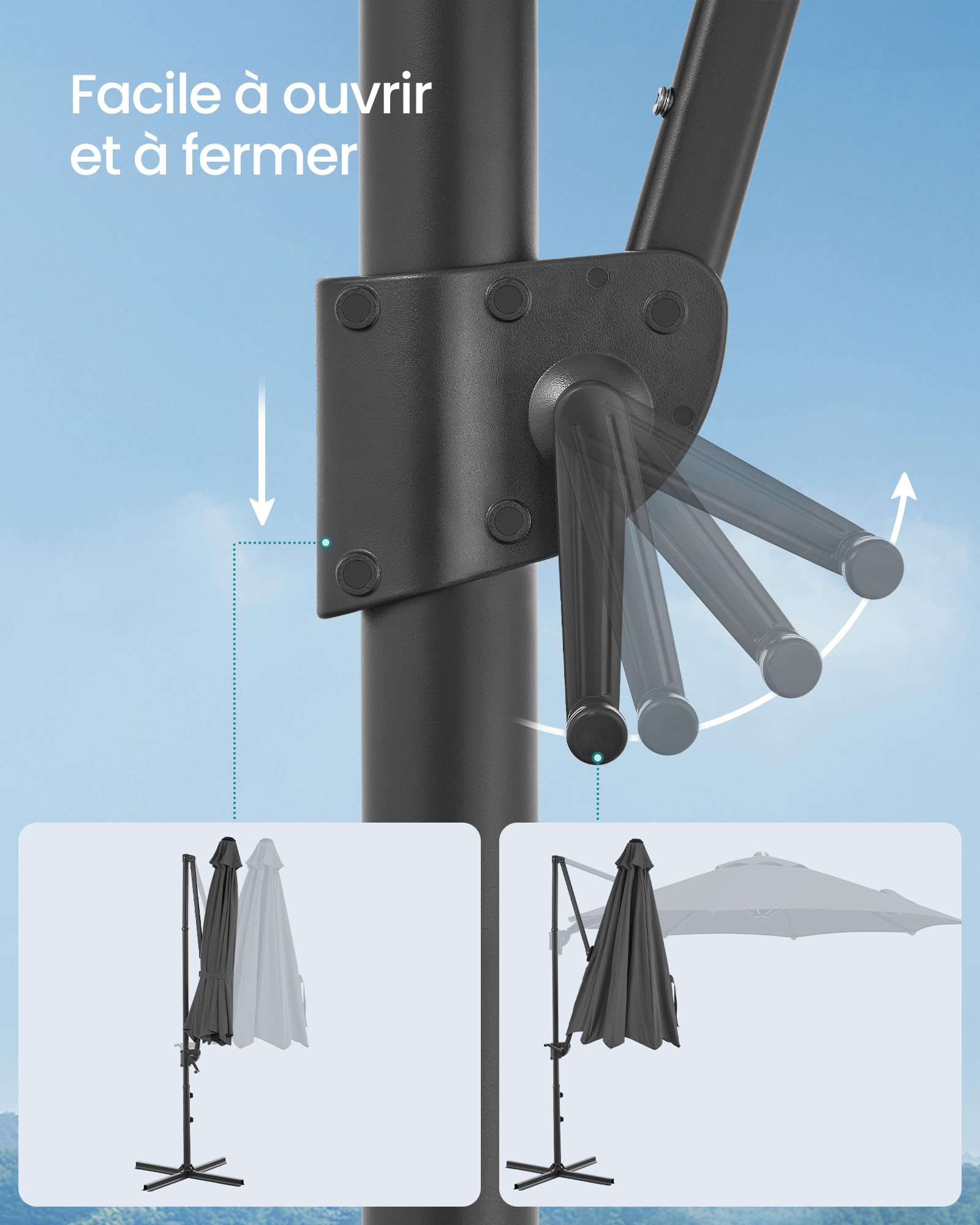 SONGMICS Parasol de Jardin 300 cm, UPF 50+, Parasol d Extérieur, Pivotant à 360°, Inclinaison Fluide, Manivelle, avec Base en Croix, Gris GPU074G02