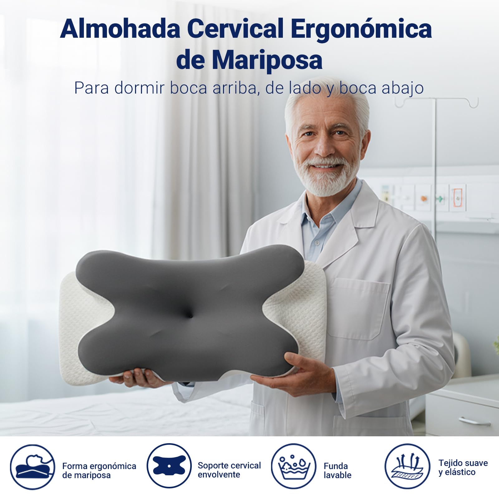COSYLAND Almohada Cervicales y Cuello - Espuma Viscoelástica, Diseño Mariposa con Soporte Ergonómico y Transpirable, para Dormir de Lado, Boca Arriba y Boca Abajo, 63 x 34 x 11/13 cm