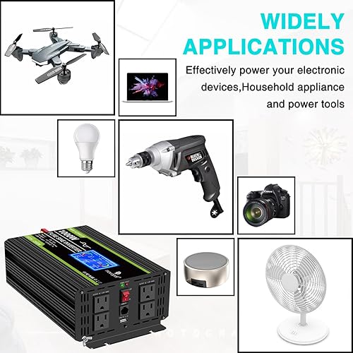 Miniatura 4 de Novopal Inversor de onda sinusoidal pura de 1000 W2000 W (pico) Convertidor de CC de 12 V a 110 V120 V, 4 salidas de CA, inversores Rv con puerto