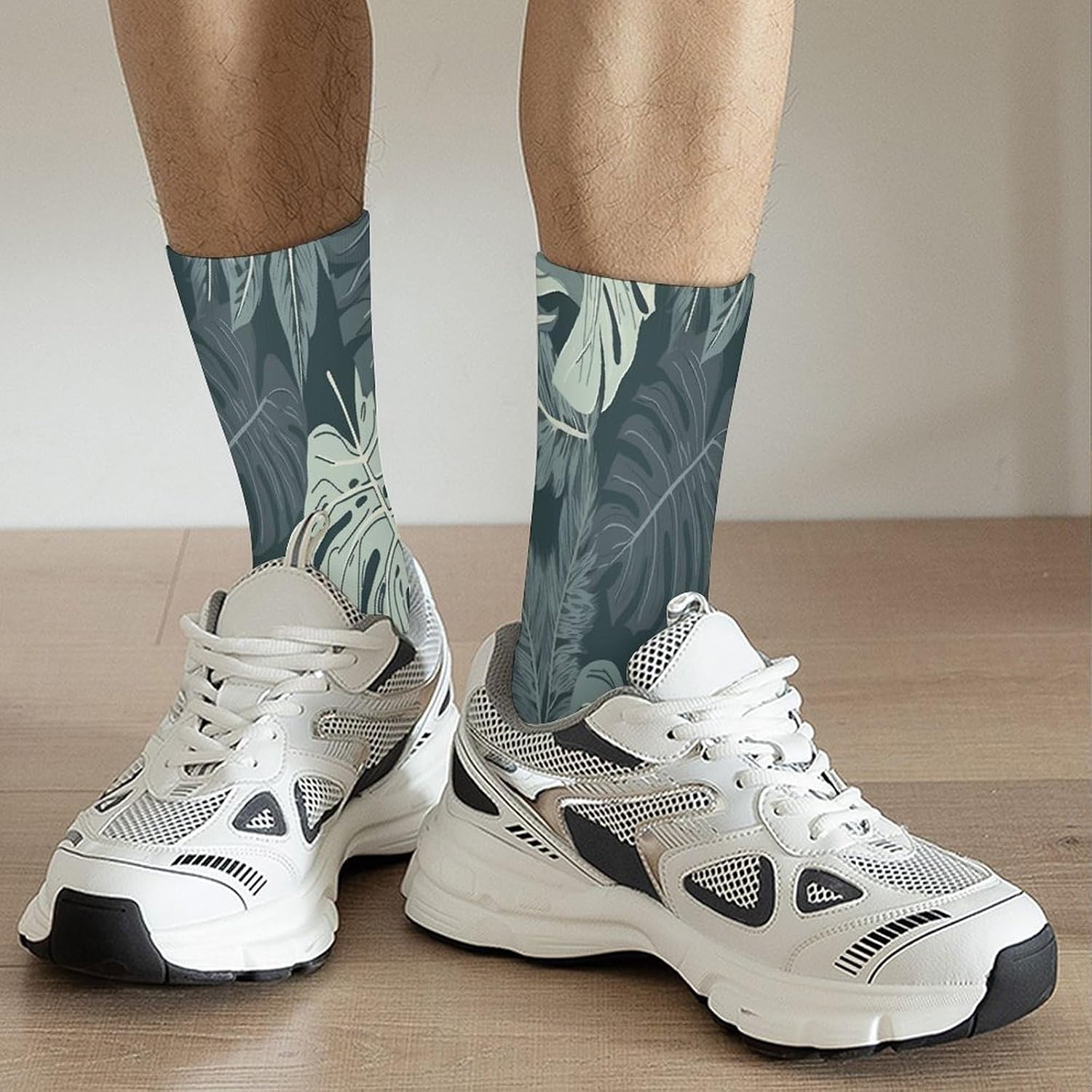 Gray Leaf Pattern Crew Sock High Stocking Grippy Socks | Socks for Men & Women,Stockings-Long Thin Tube Sports, Breathable Soft Athletic for Nurses,Travel