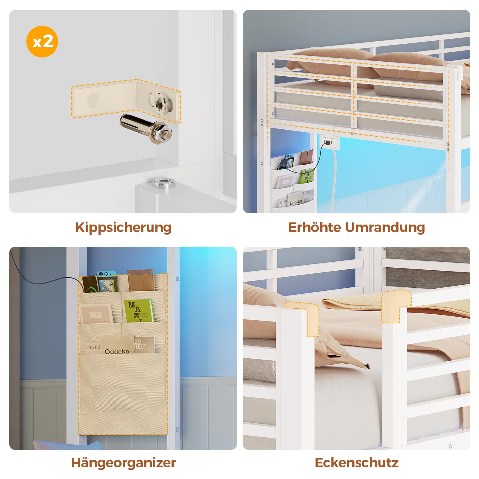Hochbett 90x200 Jugendbett mit Treppe und Rausfallschutz Bunk Bed mit LED Beleuchtung und Ladestation Modernes Etagenbett mit Garderobenständer und Stauraum für Kinder Jugendliche und Erwachsene