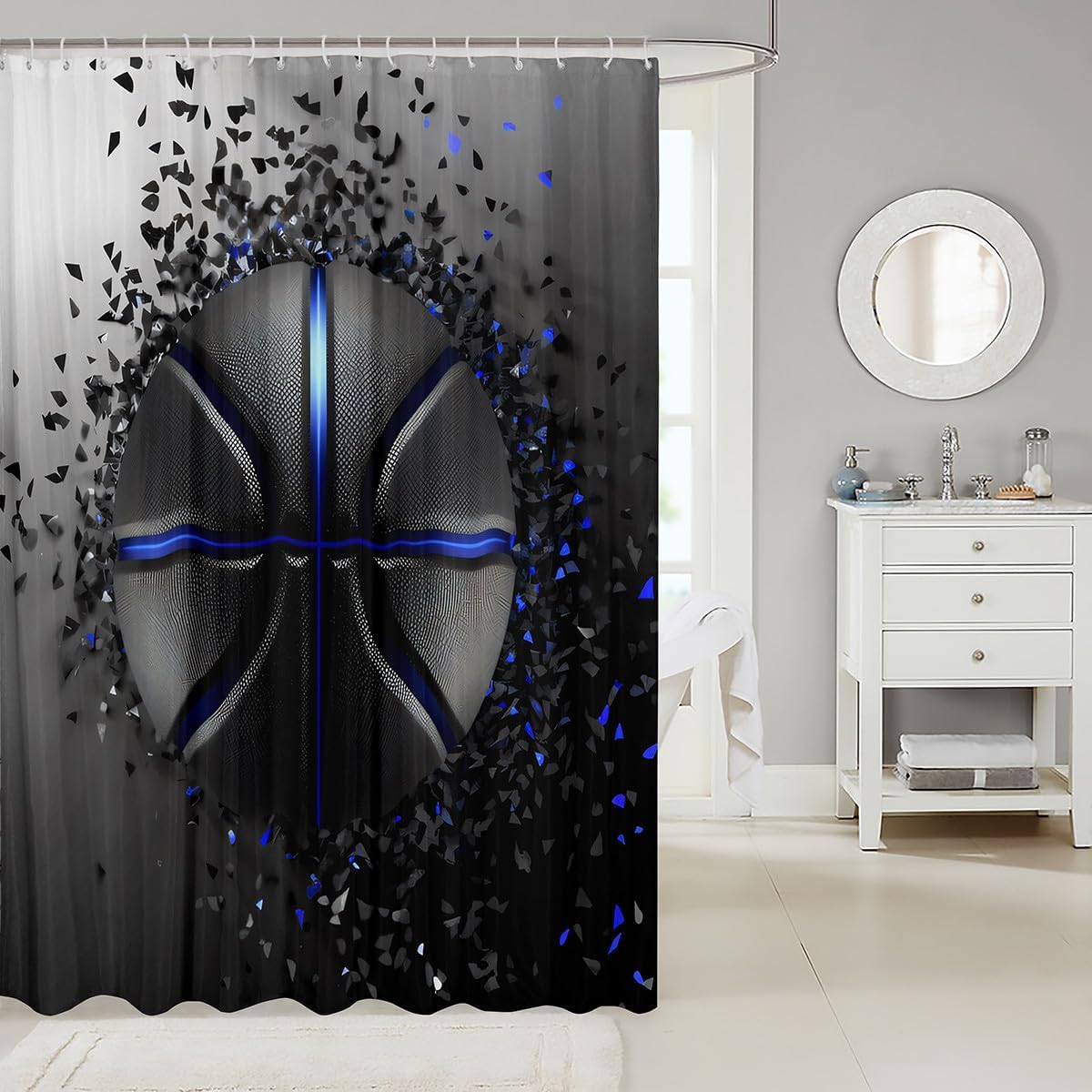 Feelyou Basketball Cool Fabric Shower Curtain Sport Ball Theme Shower Curtain 3D Print Bathroom Waterproof Accessories with 12 Hooks Black Blue Glitter Print Curtains,72x84 Inches