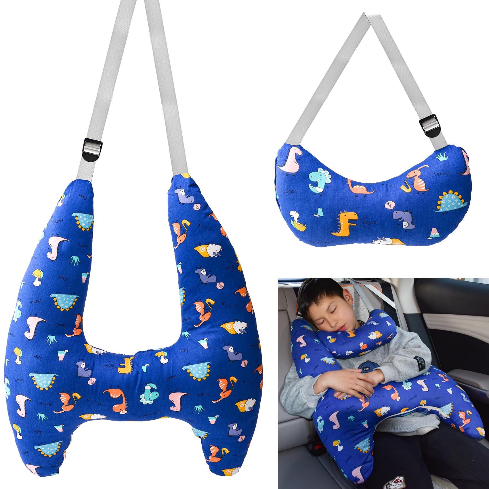 Coussin de Voyage pour Enfant Voiture, Oreiller Voiture Enfant H, Coussin Voiture Enfants Dormir, Lavable, Réglable Et Respirant, pour Les Longs Trajets En Voiture (Dinosaure-3)