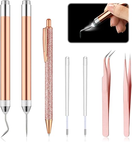 Therwen Juego de 7 herramientas de deshierbe LED para vinilo con gancho de alfiler de luz, bolígrafo retráctil y pinzas para quitar papel de vinilo