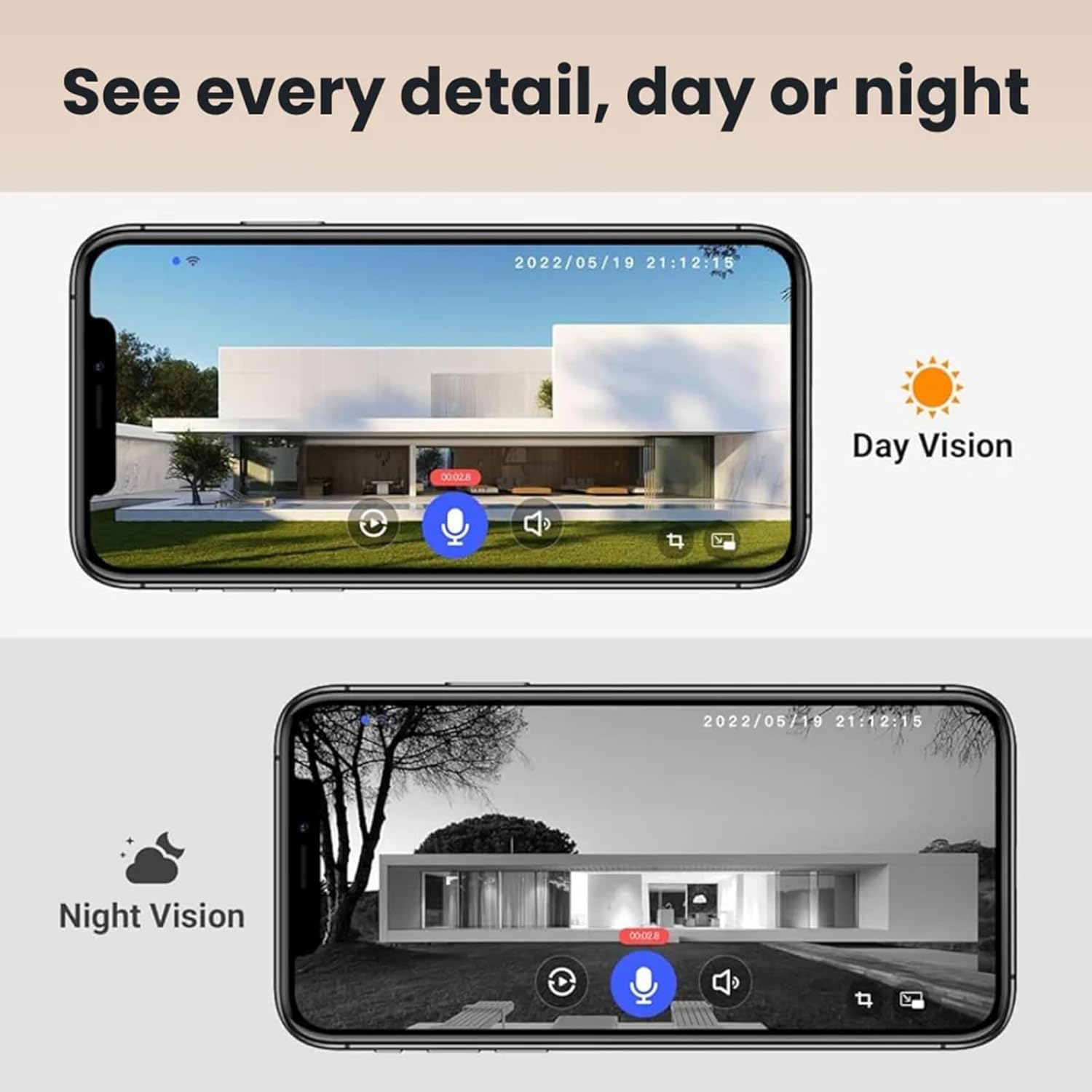 Comparison of day vision (color) and night vision (black and white) captured by the doorbell camera.