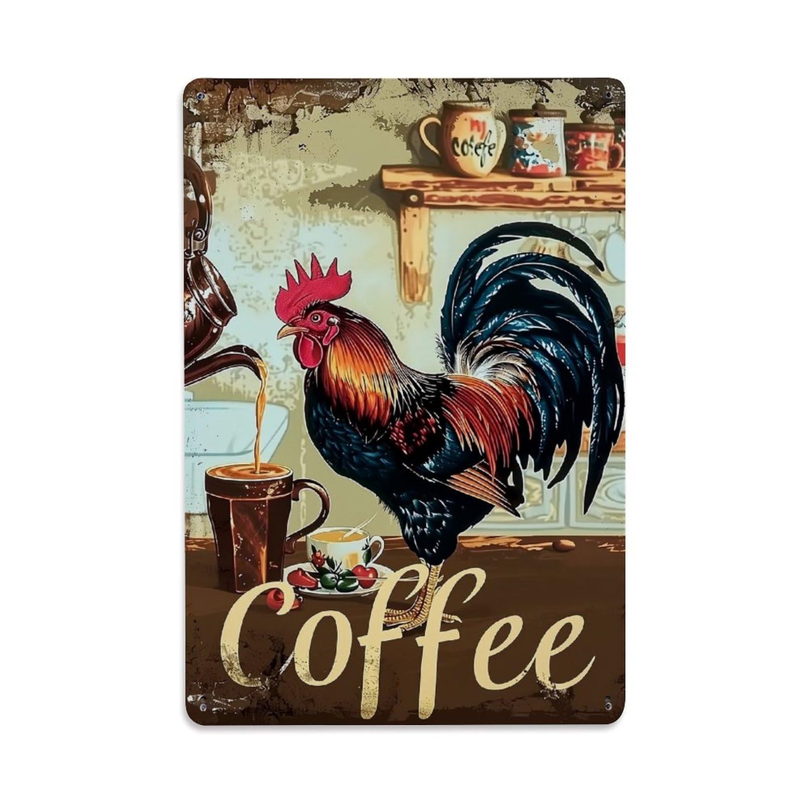 Jdfenggu Vintage Rooster Coffee Mug Kitchen Art Retro Metal Tin Sign, Decor Art Poster For Bar, Home, Man Cave, Kitchen, Laundry Room Gift 8X12inch