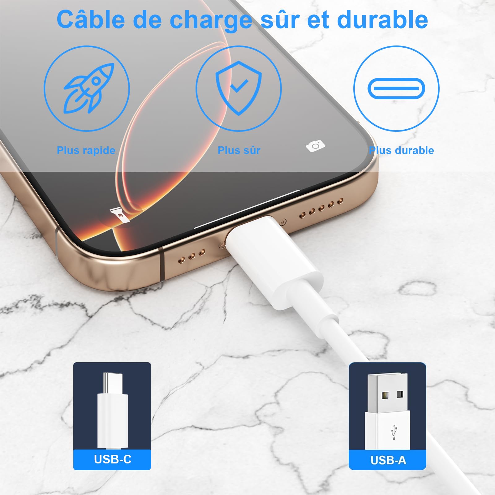 Cable USB C Charge Rapide 3A, [1m+2m/Lot de 2] Câble USB vers USB C, Cable Chargeur Type C pour iPhone 17 16 15 /Air/Plus/Pro Max, pour Samsung Galaxy S22/S21/S20/S10, pour Google Pixel, pour Xiaomi - 5
