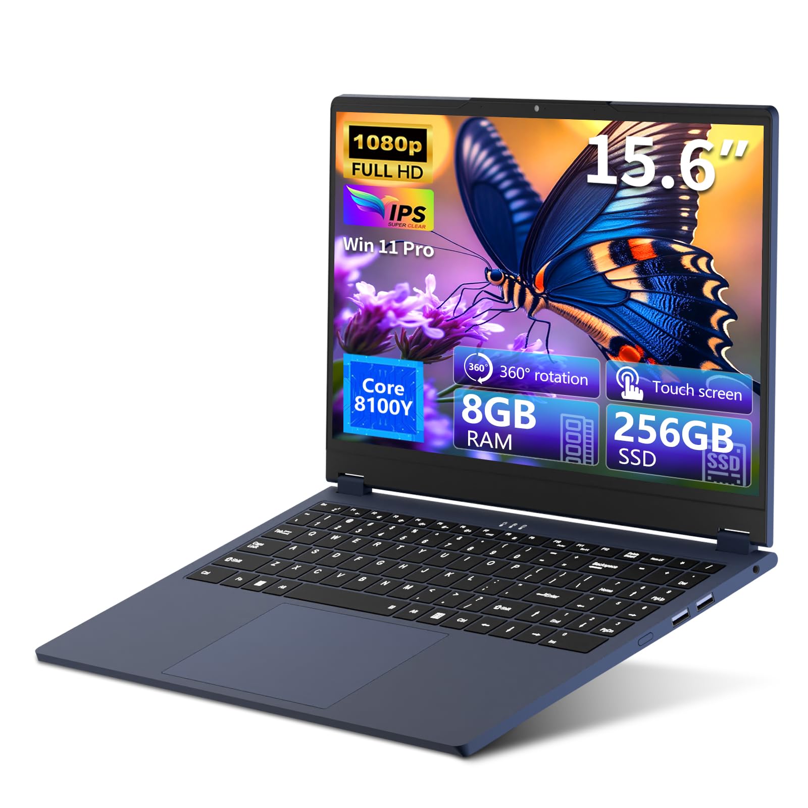 Notebook 2 in 1, 15,6 Pollici Computer Portatile, Processore Core 8100Y Fino a 3,4 GHz, PC Portatile 8GB RAM 256GB SSD, Rotazione a 360 Gradi, 1920*1080 IPS FHD, Win 11, USB 3.0, RJ45, WiFi 5, HDMI