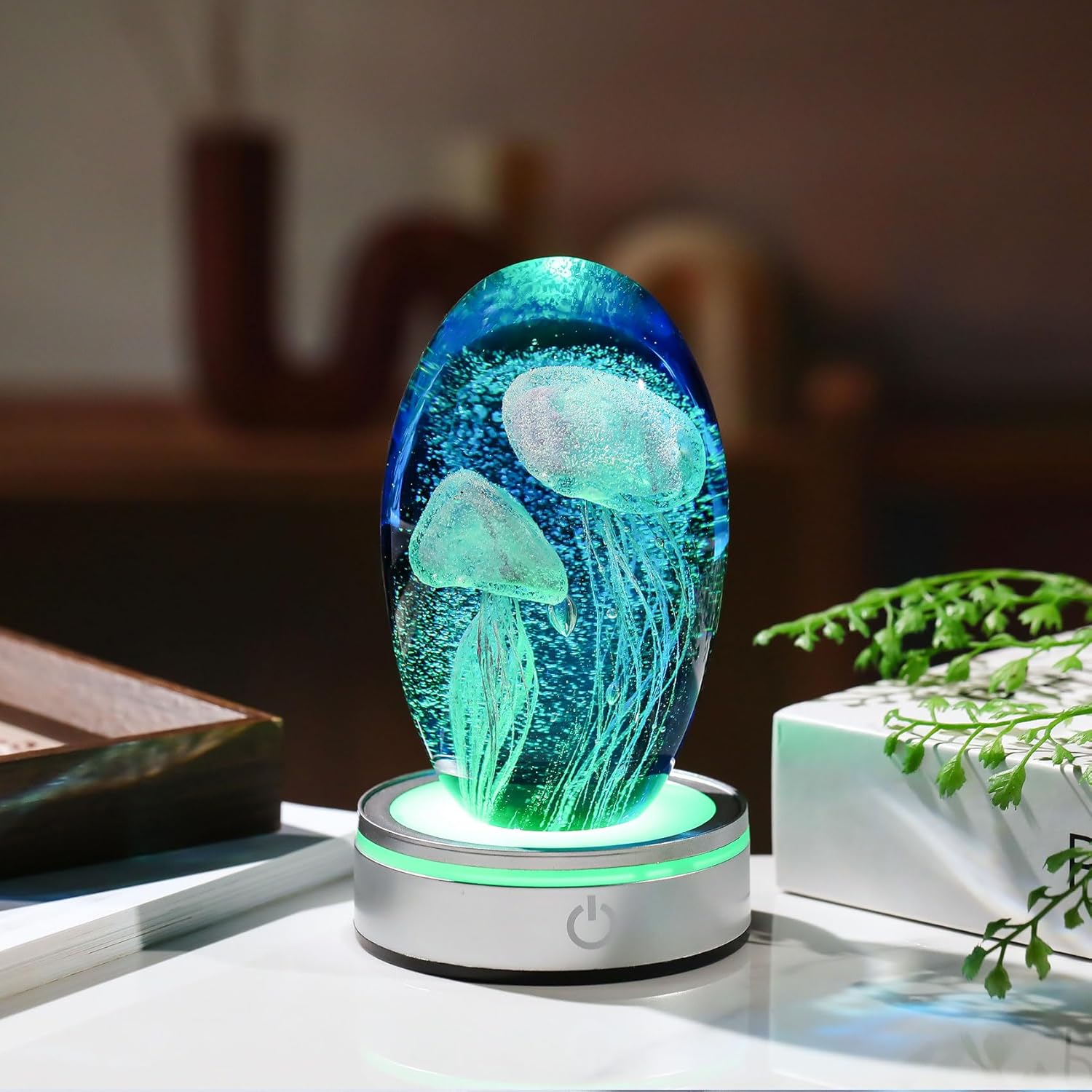Enjinkail Hand Blown Glass Jellyfish Lamp - Ocean Themed Crystal Ball Desk Decor with LED Light, Aquarium & Beach Room Decoration, Collectible Figurine Paperweight Gift for Women (Purple)