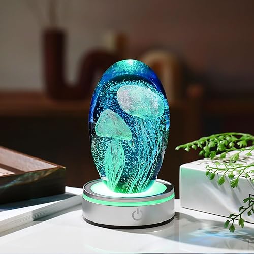 Vista 5 de Enjinkail Lámpara de medusa de vidrio soplado a mano, decoración de escritorio con bola de cristal con temática oceánica, con luz LED, decoración