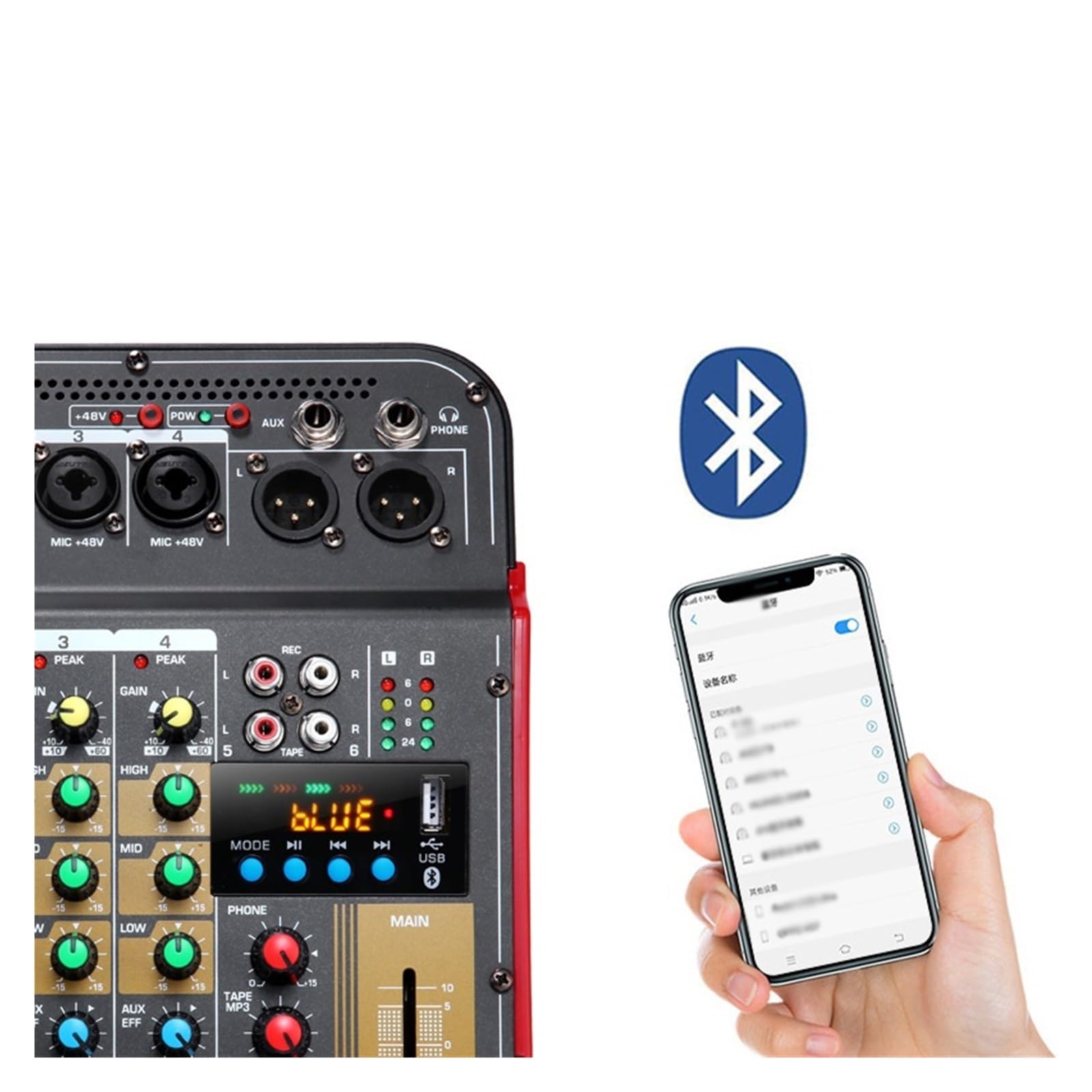 DJ-Audiomixer 6-Kanal-Audiomischer, Tragbares Mischpult, USB-Schnittstelle, 48 V Phantomspeisung, Audio-Mischverstärker Mit Effekten, Mischpult