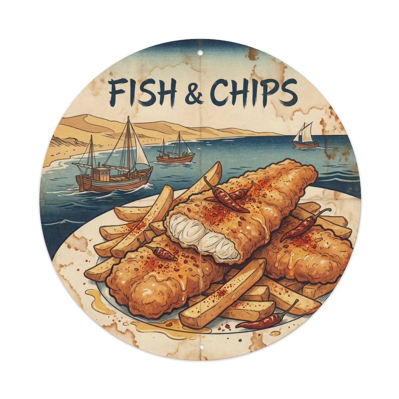 Fish And Chips Seafood Classic Woodblock Namibia Travel Metal Tin Sign