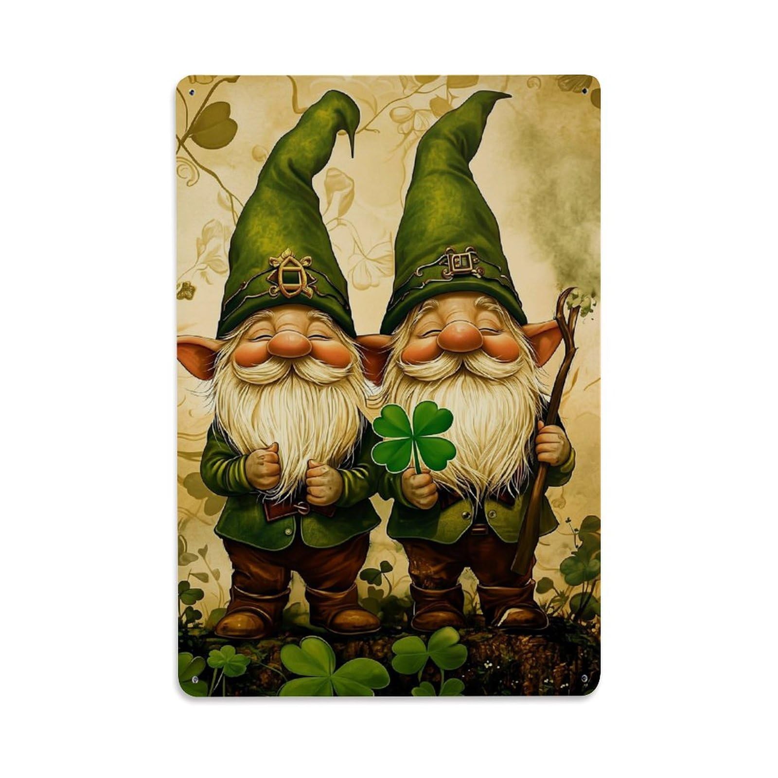 Two Gnomes Holding Clover Retro Metal Tin Sign, Vintage Metal Poster for home, Gaming Room, Studio Workshop,Bar,Garage Wall Art Decor 8x12 Inch