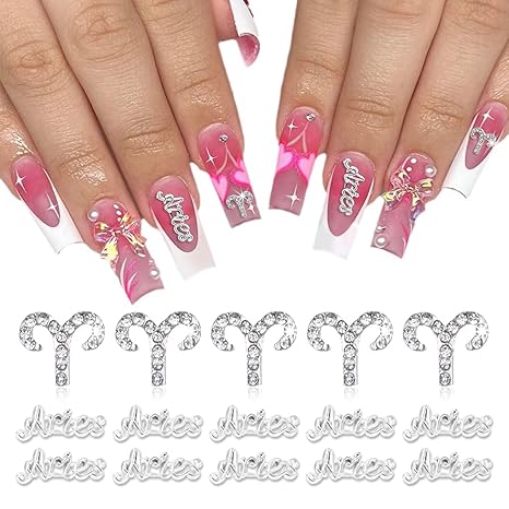 15pcs 3D Silver Aries Nail Charms - 5pcs Zodiac Signs & 10pcs Letter Studs Rhinestones - DIY Crafts & Jewelry Decoration Nail Supplies