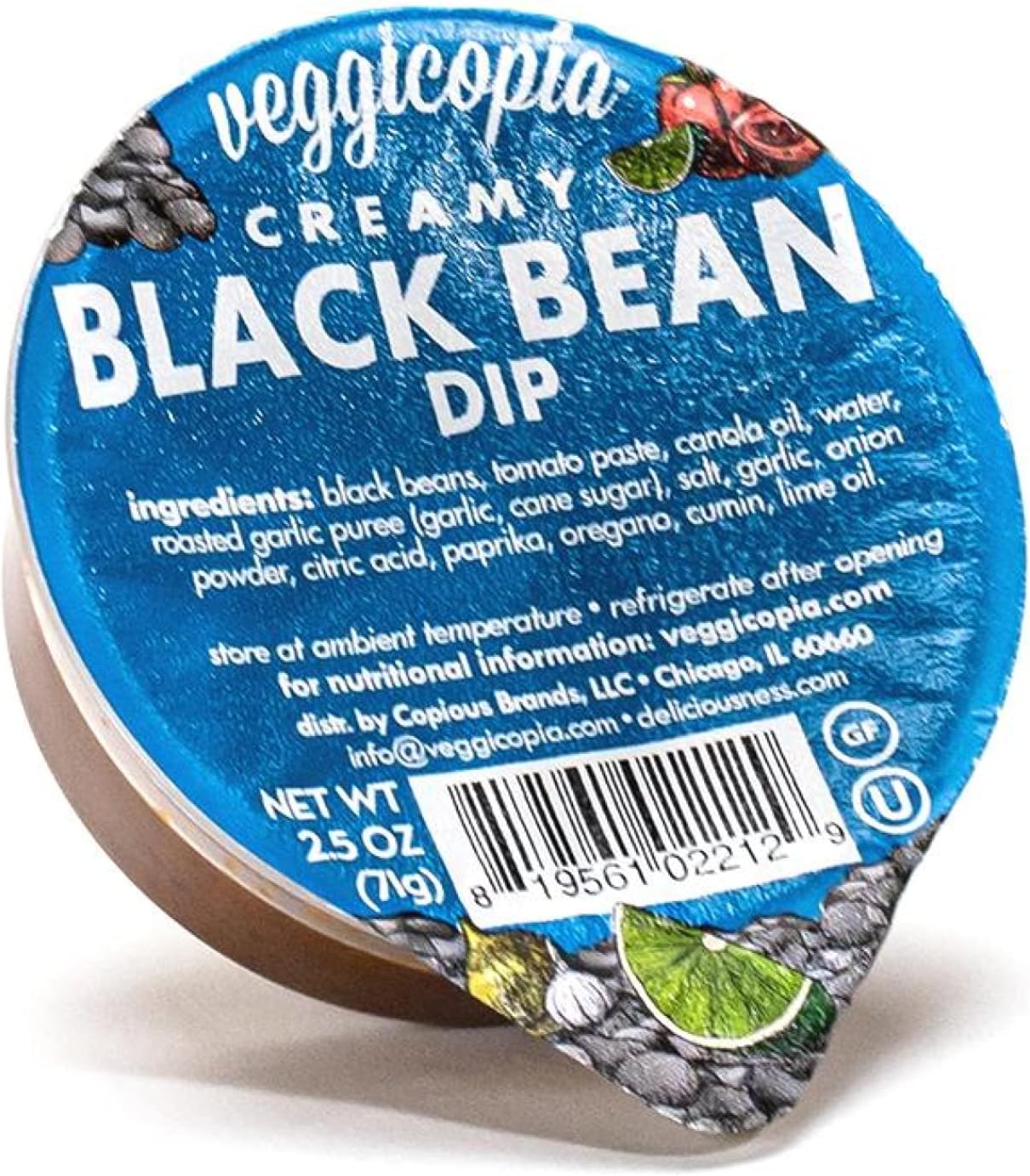 Veggicopia Creamy Black Bean Dip, High Protein Snack, Shelf-stable take anywhere, Michelin star chef crafted, All Natural, Gluten free, Non Dairy, Vegan, 2.5 oz dip cup singles (Pack of 12)