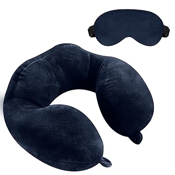 GREELI Premium Neck Pillow Airplane Travel Pillow Neck Adjustable 360 Degree Support Head Rest Neck Support Pillow for Travel (Navy Blue with Eye MASK) - image, photos