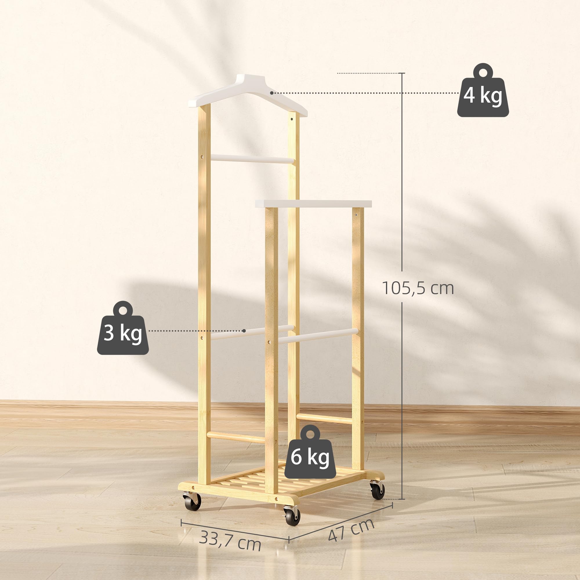 HOMCOM Valet de chambre à roulettes, portant à vêtements en bambou avec cintre intégré, tiges à pantalons et étagère pour chaussures, porte-manteaux pour chambre, buanderie, bois naturel et blanc