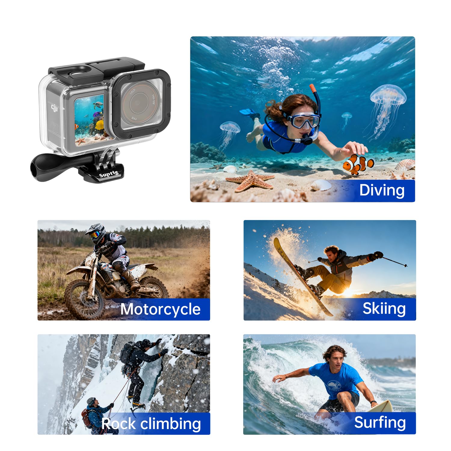 Suptig Wodoodporna obudowa kompatybilna z DJI Action 5 Pro Action 4/3 Kamera, wodoodporna obudowa podwodna 50M/164ft do nurkowania, nurkowania z rurką, pływania