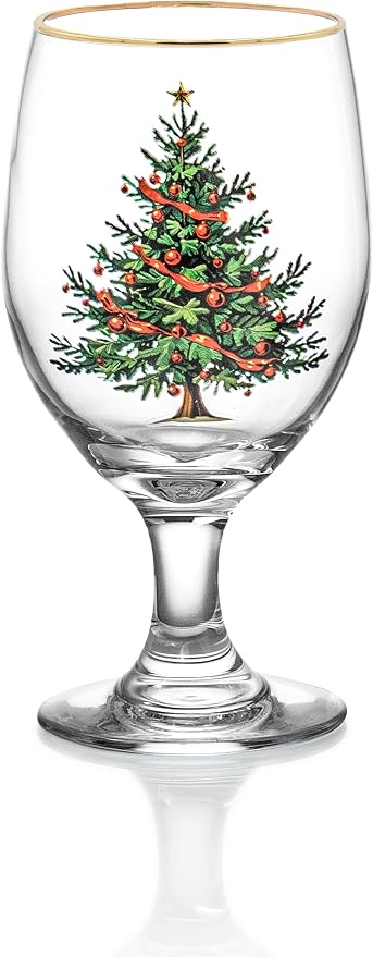 Red Co. Set of 4 Clear Glass 14 Fl Oz Christmas Tree Drinking Tumblers with Gold Rim – Water Goblet