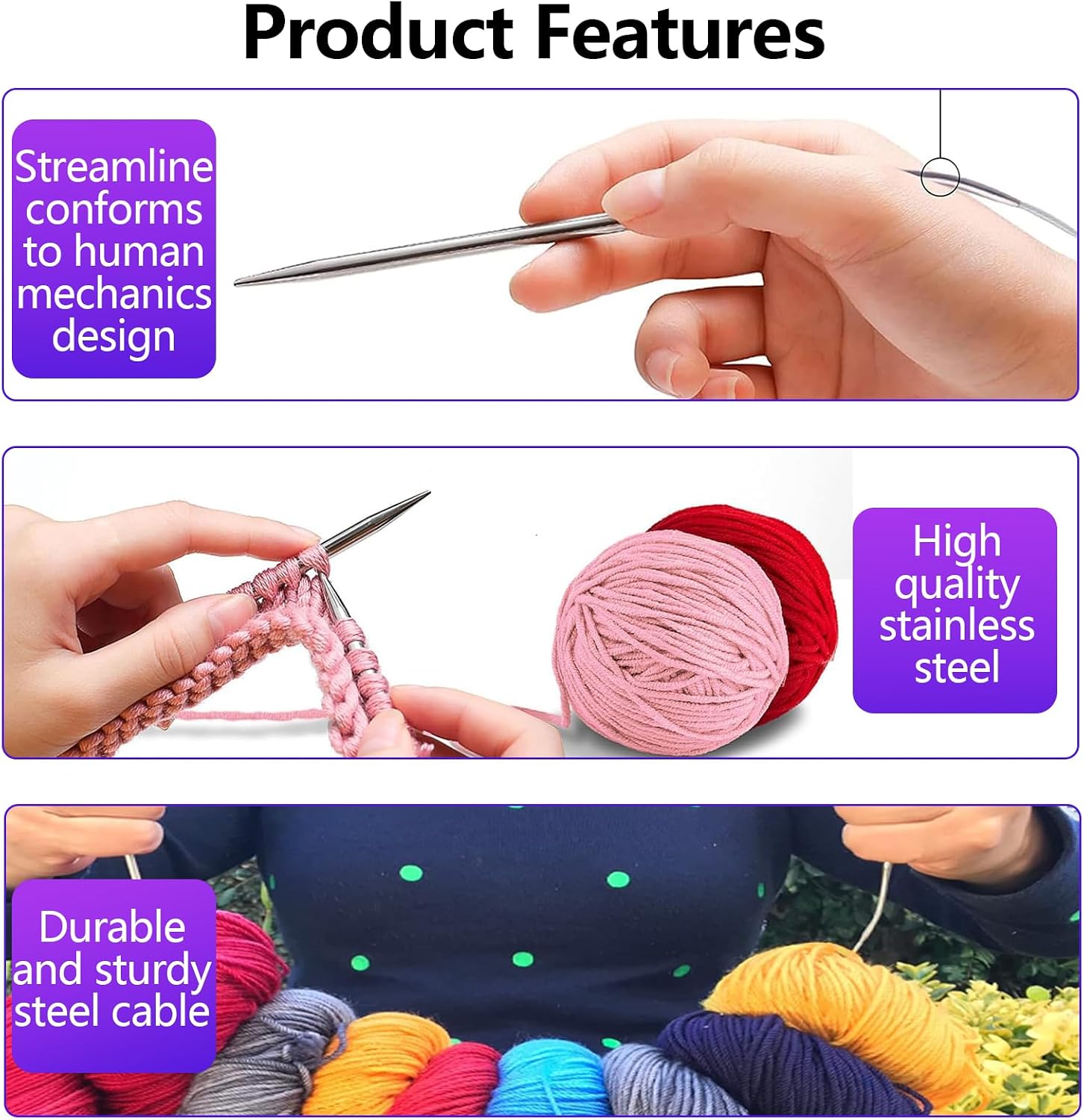 6 Pcs Circular Knitting Needles Set,Stainless Steel Round Knitting Needles,31-inch (80cm),for Socks Sweaters Hats Scarf Crochet DIY,US: 8,7,6,4,3 and 2(5.0, 4.5, 4.0, 3.5,3.25 and 2.75mm) image 4