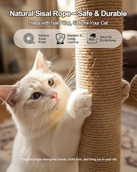 Multifunctional Cat Scratching Post – Scratching Post for Indoor Cats with Widened Solid Wood Base, Two Sisal Rope Balls, Interactive Track & Spring Feather Toy, 43cm Tall.