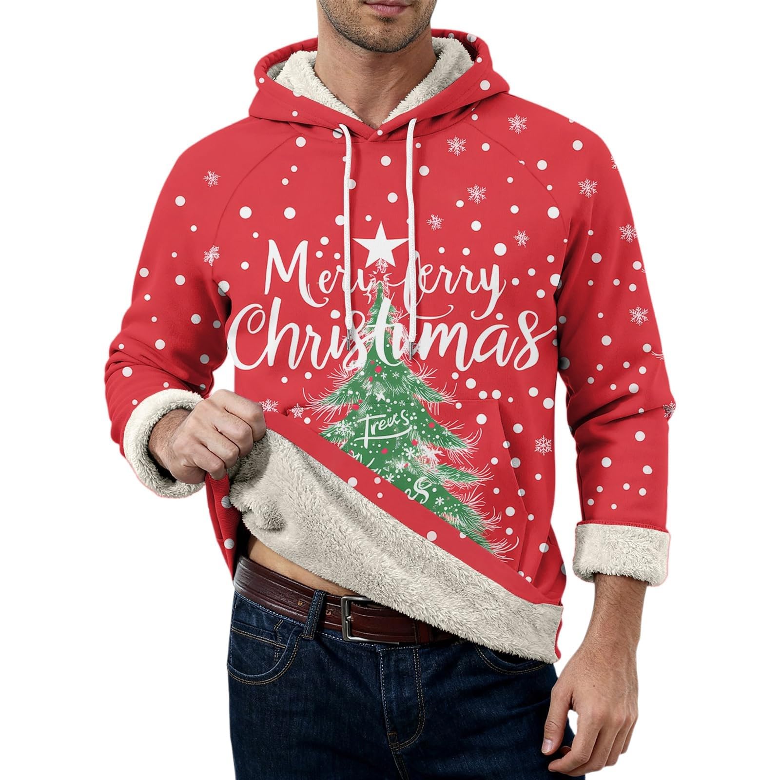 Suéter de Navidad con forro polar para hombre, divertido árbol de Navidad, reno, sudadera, tallas grandes, trajes navideños, manga larga, cálido, suéter sherpa, novedad, disfraz de Navidad