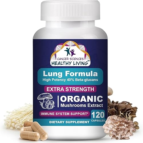CANCER SCIENCES Suplemento de salud y bienestar pulmonar, extracto de hongos orgánicos certificado por USDA, 1,500 mg extra fuerte, 40%