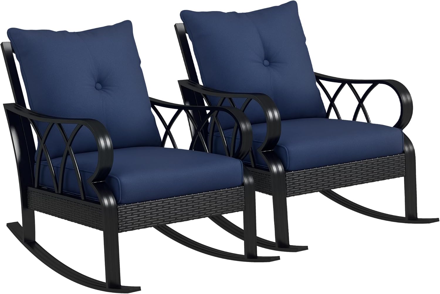 Outsunny 2 Piece Outdoor Wicker Rocking Chairs with Padded Cushions, Aluminum Furniture Rattan Porch Rocker Chairs w/Armrest for Garden, Patio, and Backyard, Blue