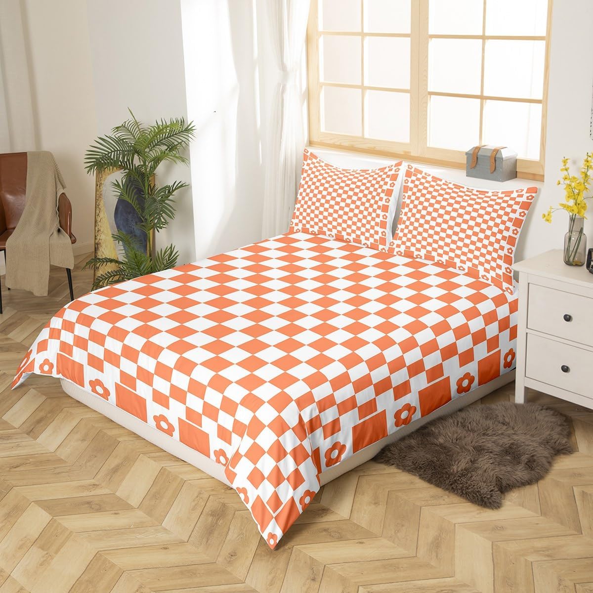 Checkered Lattice Duvet Cover Set Toddler Size,Geometric Plaids Grids Squares Bedding Set,Boys Girls Room Decor,Cute Daisy Cartoon Flowers Comforter Cover,Orange Quilt Cover,1 Pillowcase(No Filler)