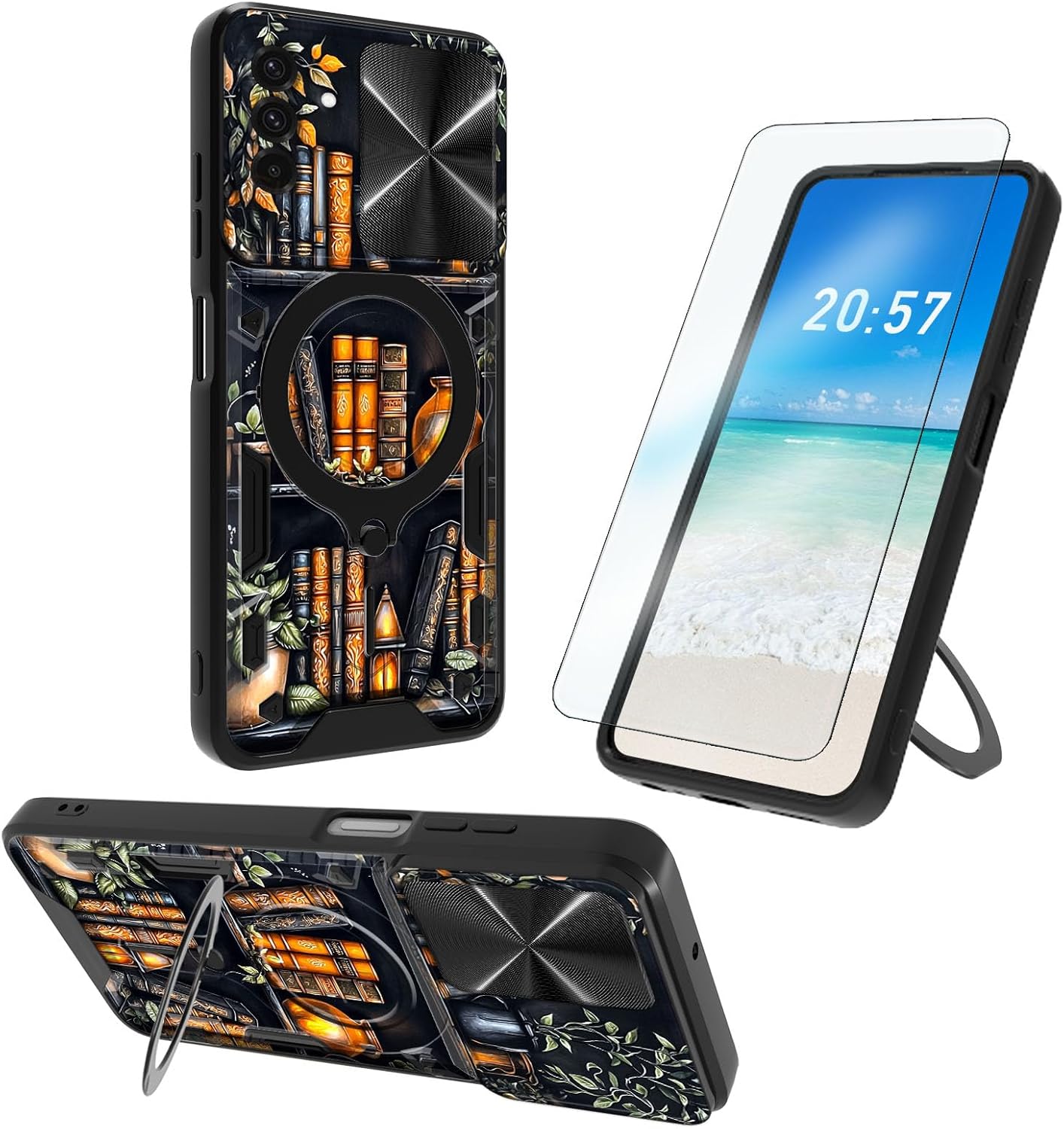 for Samsung A36 5G Phone Case, 360 Degree Rotating Ring-Shaped Kickstand, Slide Camera Lens Cover, Shelf Filled with Books Shockproof Protective Case for Samsung Galaxy A36 5G