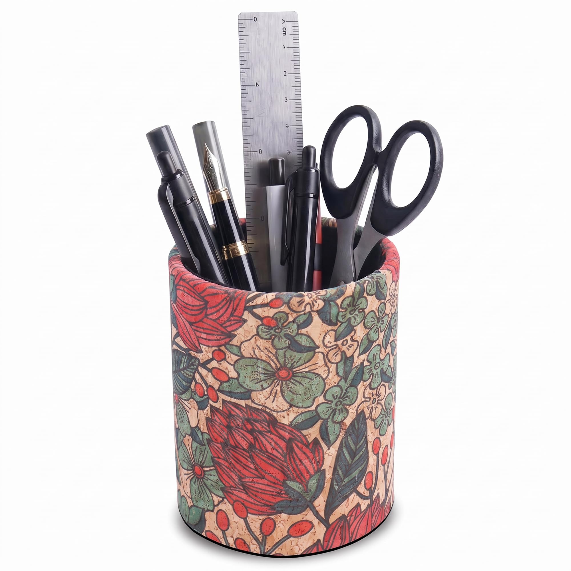 Czzmy PU Leather Pen Holder Round Flash Makeup Brush Holder Desktop Pencil Storage Holder Gift for Desk Office Classroom Home(1-Wood Red Flower)