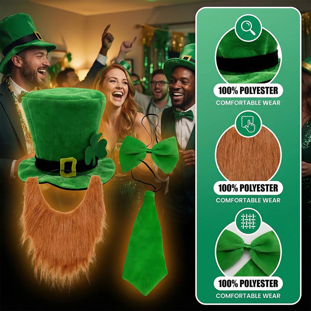 EduPlayte 4 Piece St Patrick's Day Costume Set, Hat, Beard, Tie, Bow Tie, Perfect for Irish Celebrations, Ireland - Image 3