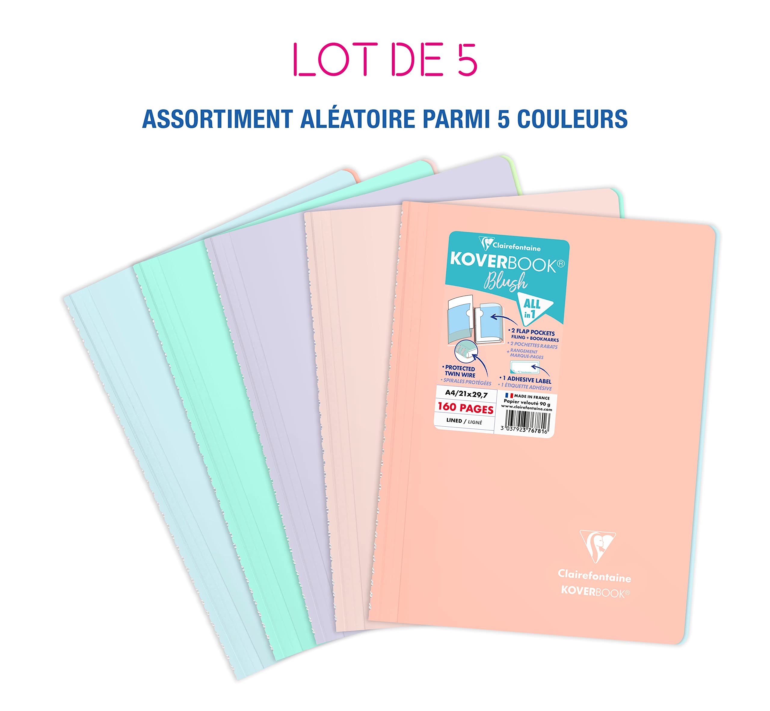 Clairefontaine 376781C Lot 5 Cahiers à Spirale Koverbook Blush - A4 - 160p