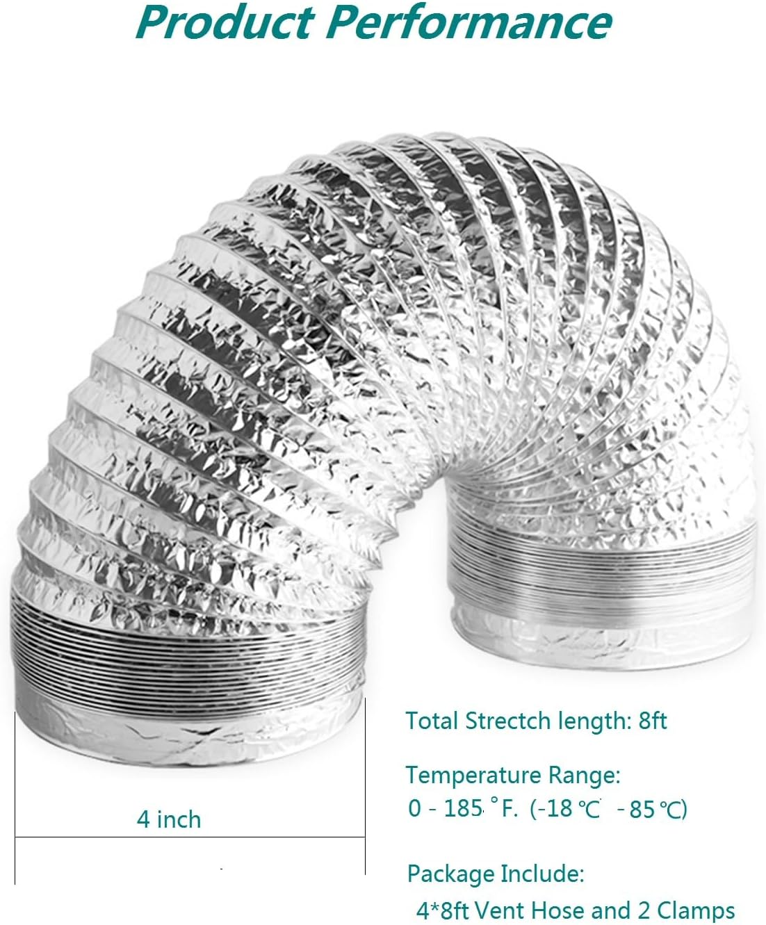 4 Inch Dryer Vent Duct, 8FT Flexible Aluminum Foil Exhaust Ducting For Heating and Cooling Ventilation with 2 Clamps