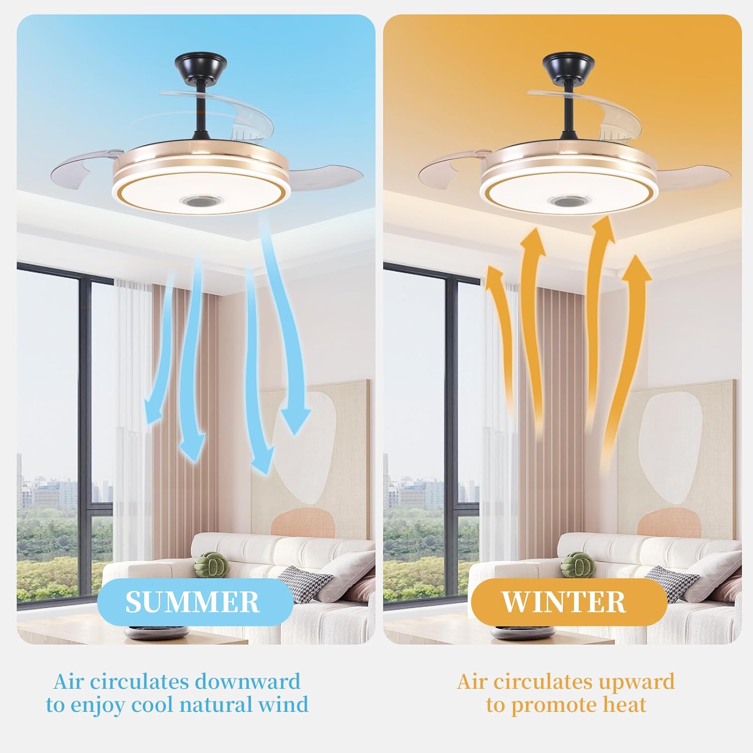 retractable ceiling fan with lights, 42 inch ceiling fan with light and remote, low profile bladeless fan for bedroom living room gold